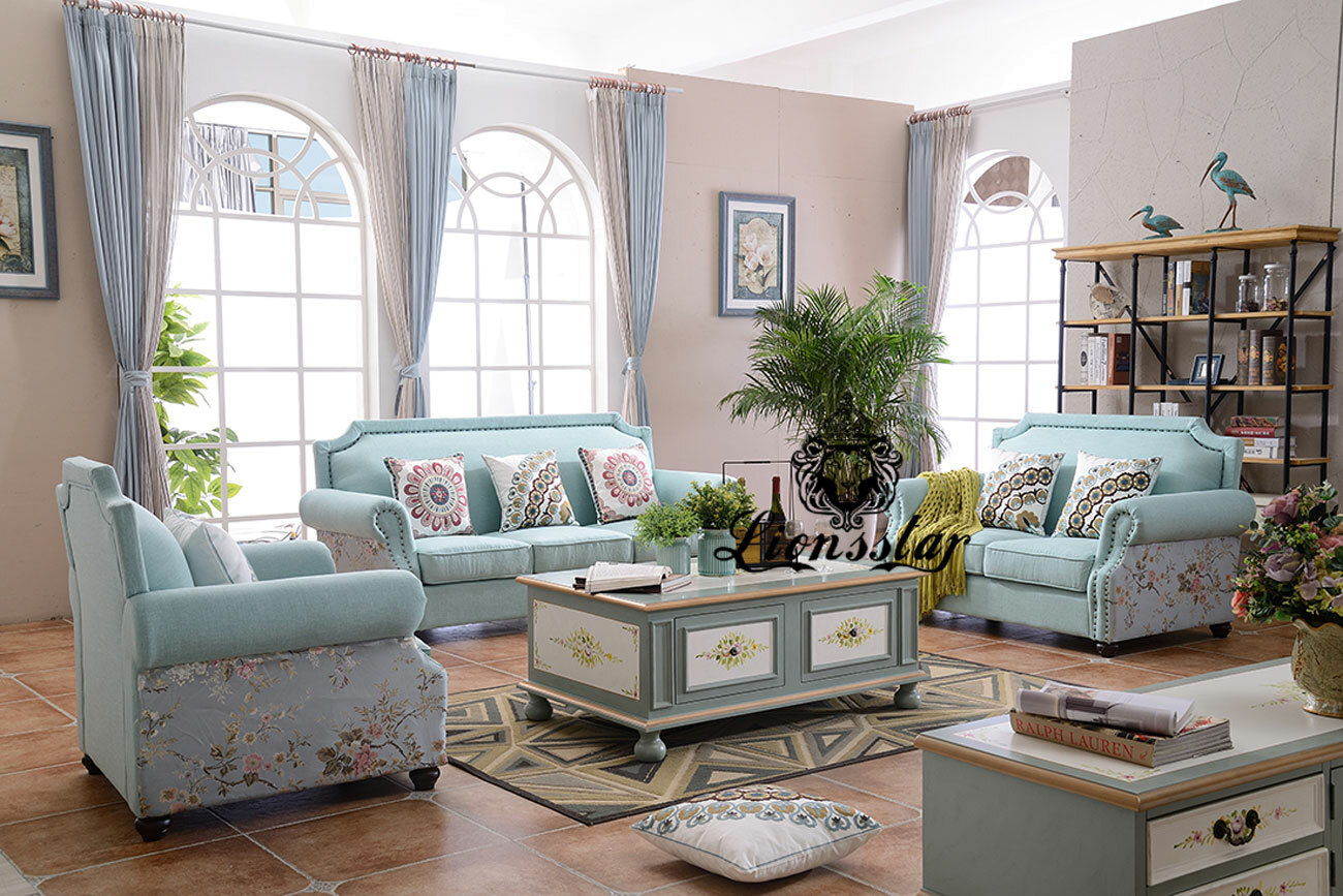 Design Sofa Set Flower Blue