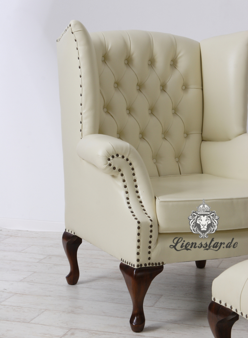 Ohrensessel Chesterfield Leder Weiß