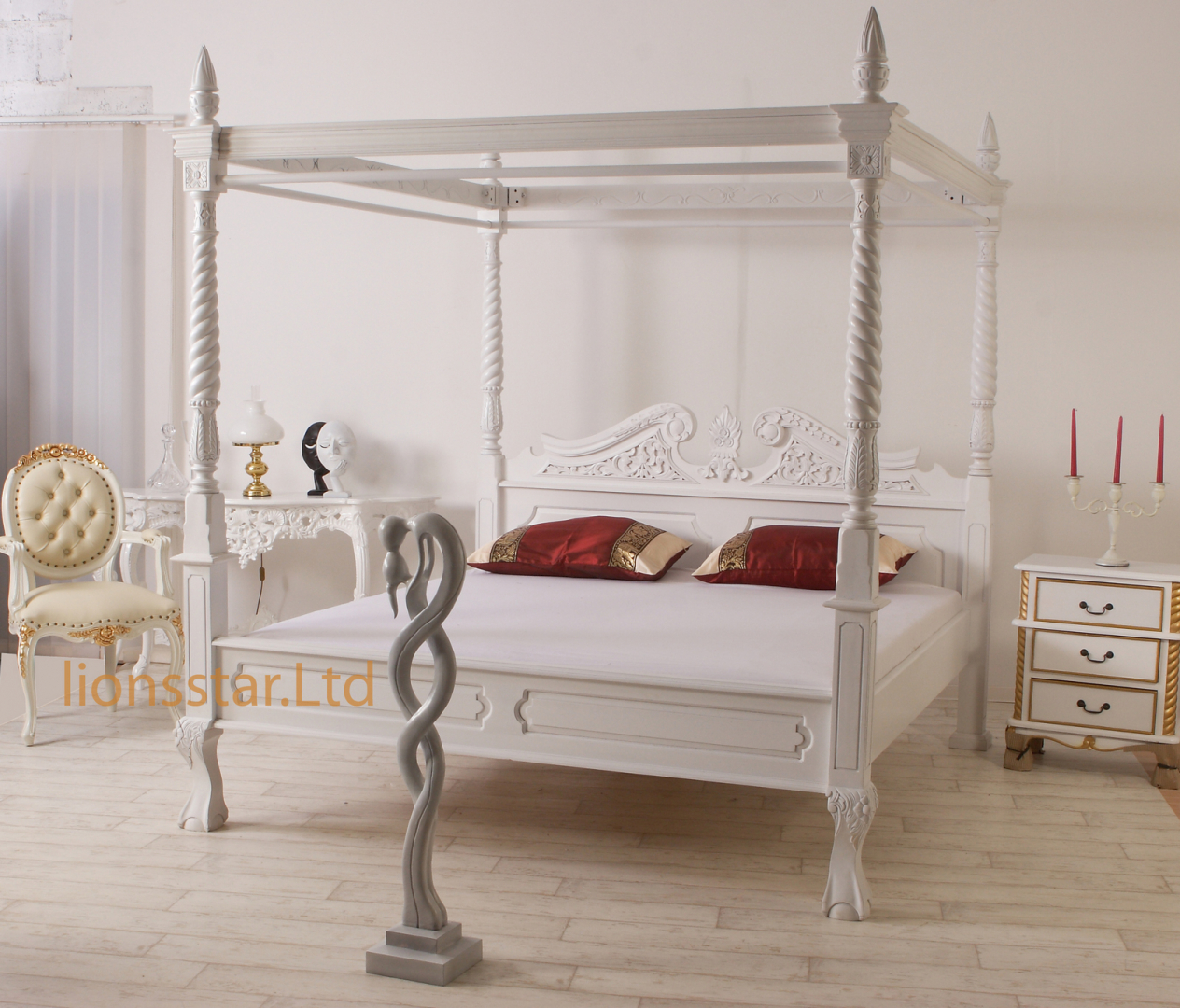 Barock Himmelbett Weiß Mahagoni