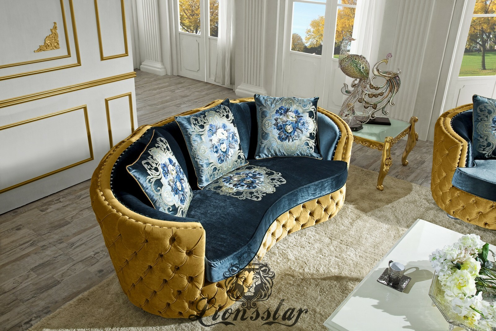 Couchgarnitur Set Gold-Blau