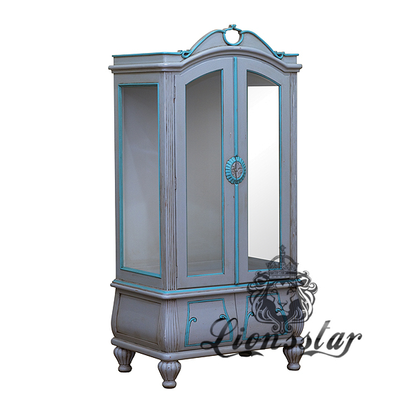 Massivholz Vitrine Shabby Weiß Blau